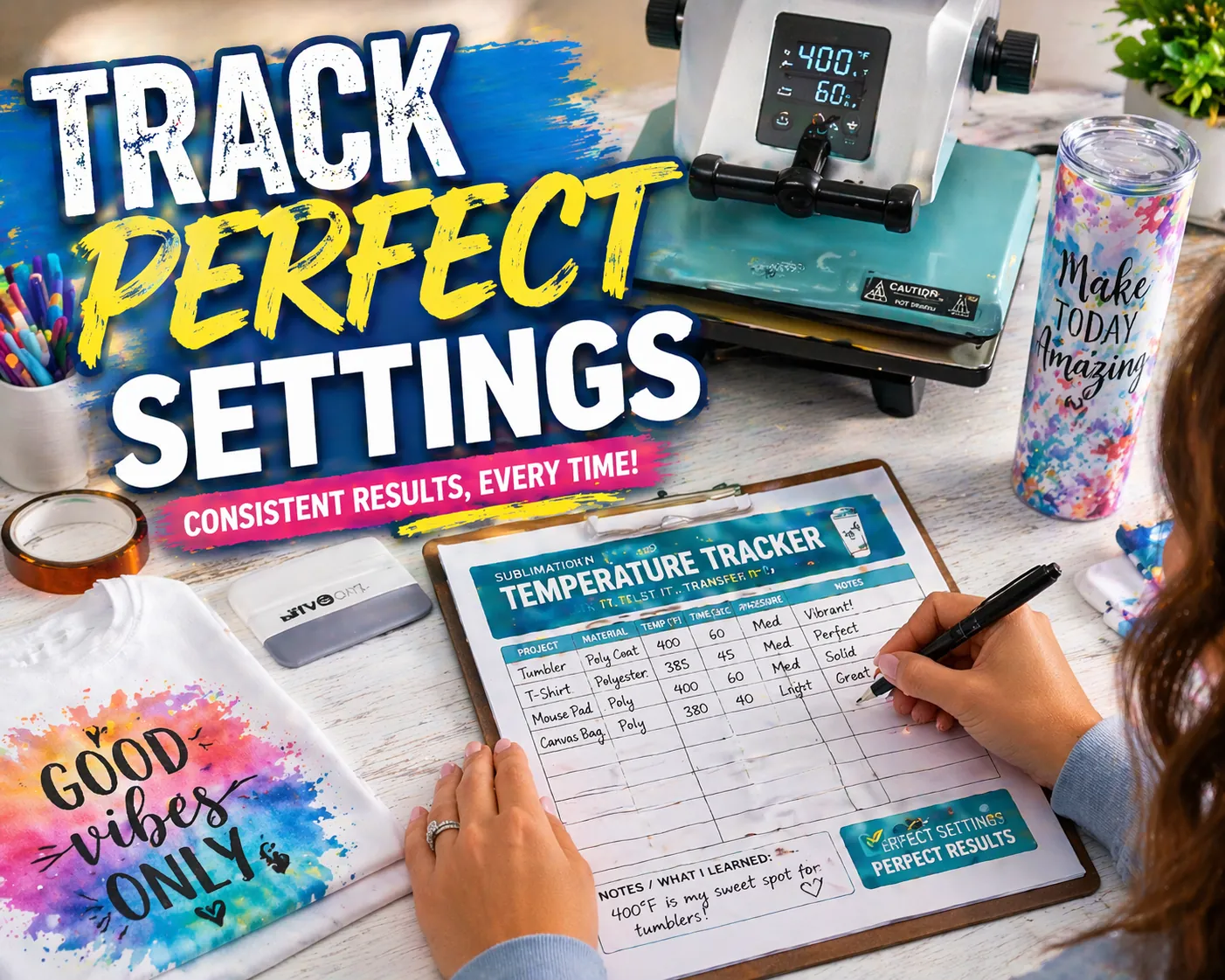 Person recording sublimation temperature and time settings on a printed tracker sheet beside a heat press and tumbler.