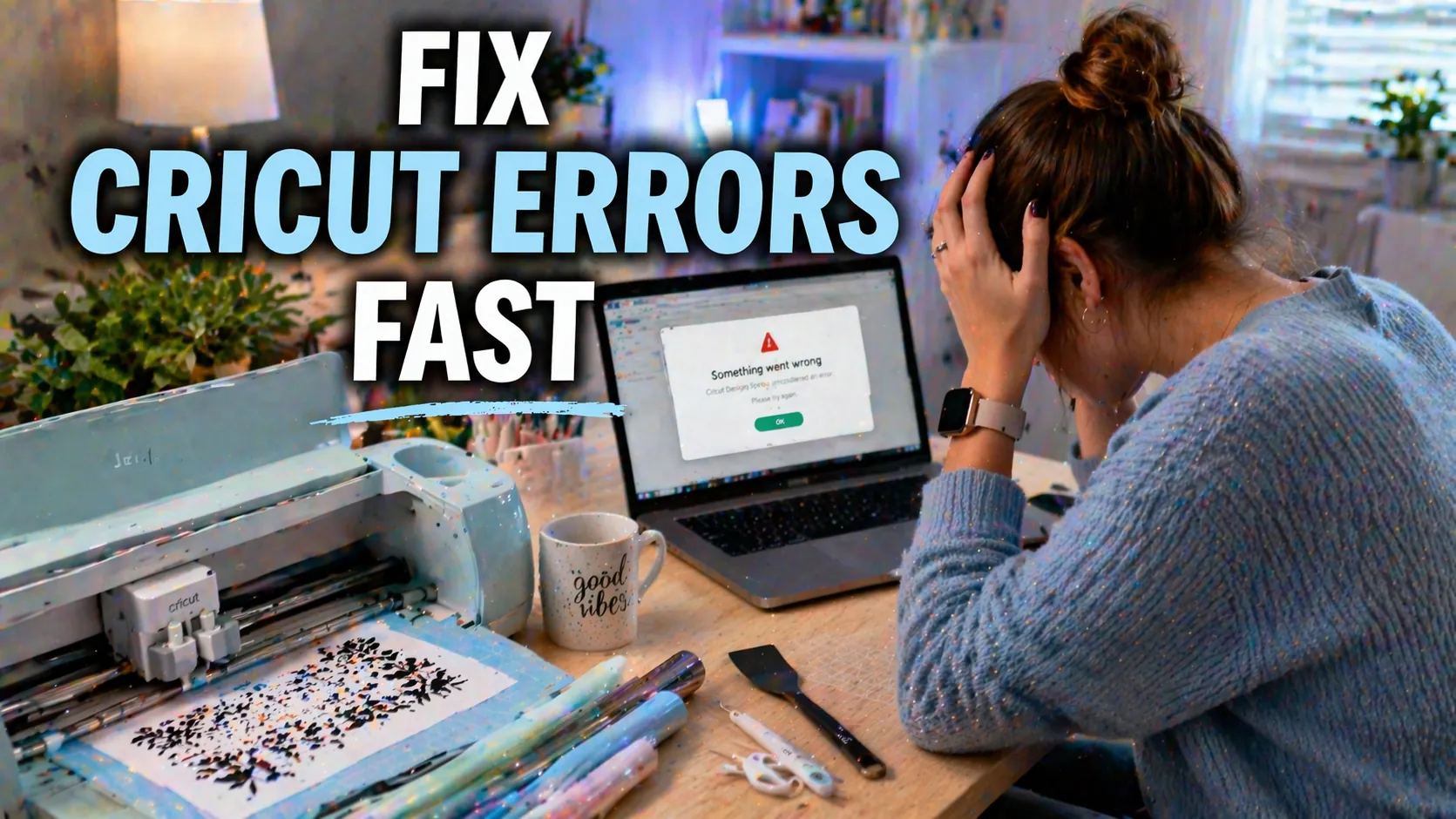 Crafter troubleshooting Cricut Design Space errors on a laptop beside a Cricut machine with fix guide text overlay.