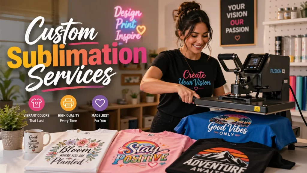 Person using a heat press machine to create custom sublimation apparel in a bright workspace with bold service title overlay.