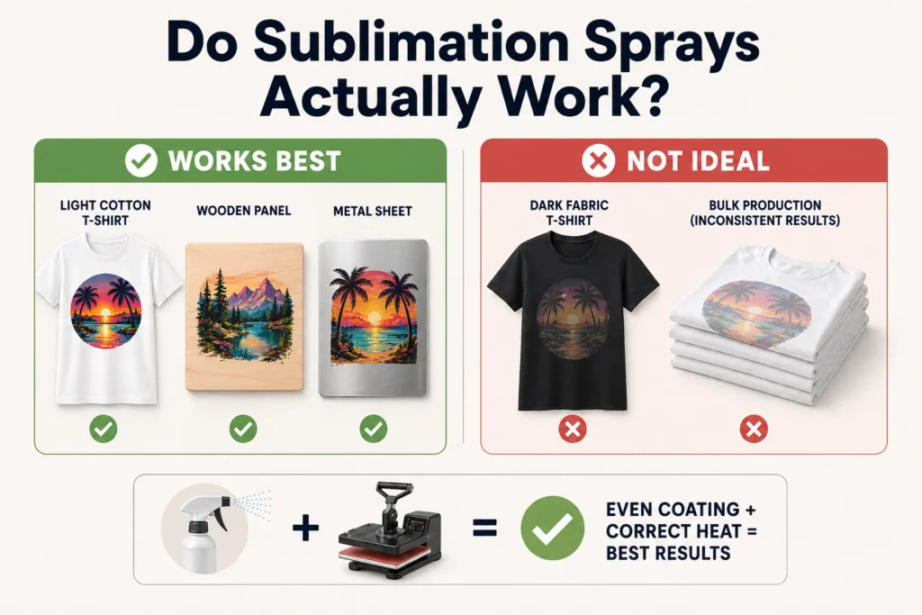 Infographic showing when sublimation sprays work best and when they fail