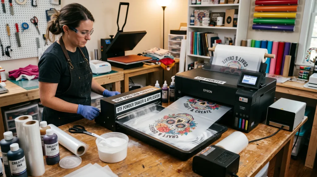 A sublimation printer printing onto DTF film with adhesive powder applied in a crafting workspace
