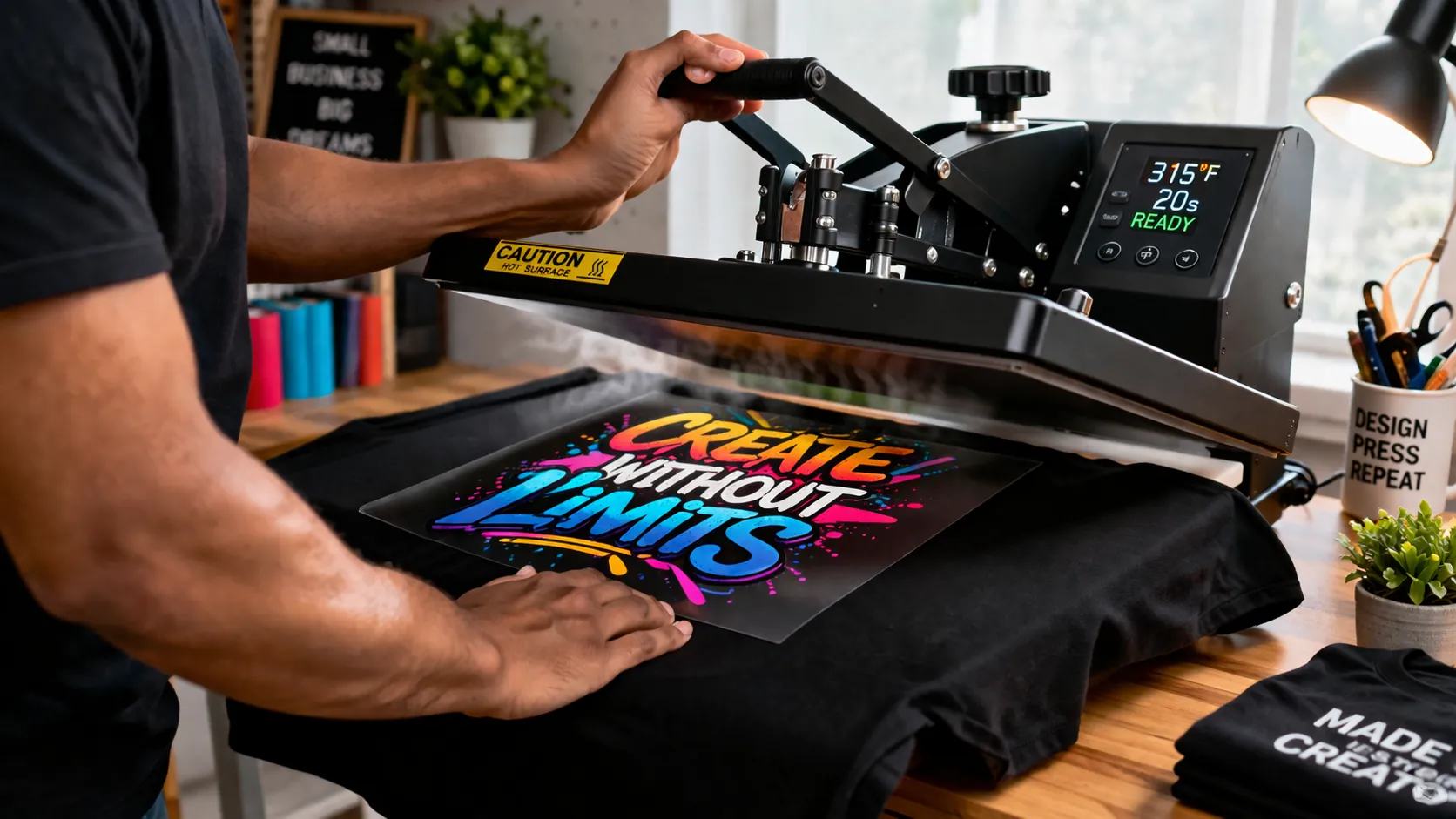 Person using heat press to apply DTF sublimation hack on black shirt in crafting workspace