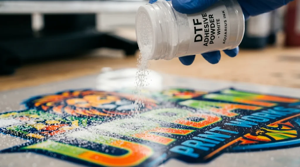 Close-up of DTF powder applied to printed transfer film before heat pressing