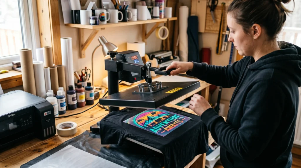 A black cotton T-shirt being heat pressed with a bright transfer film in a home sublimation setup