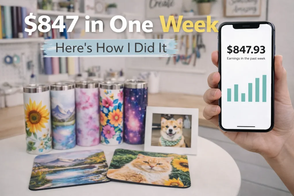 Creator showing earnings on phone with sublimation products displayed and bold income text overlay.