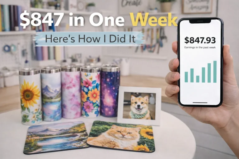 Creator showing earnings on phone with sublimation products displayed and bold income text overlay.