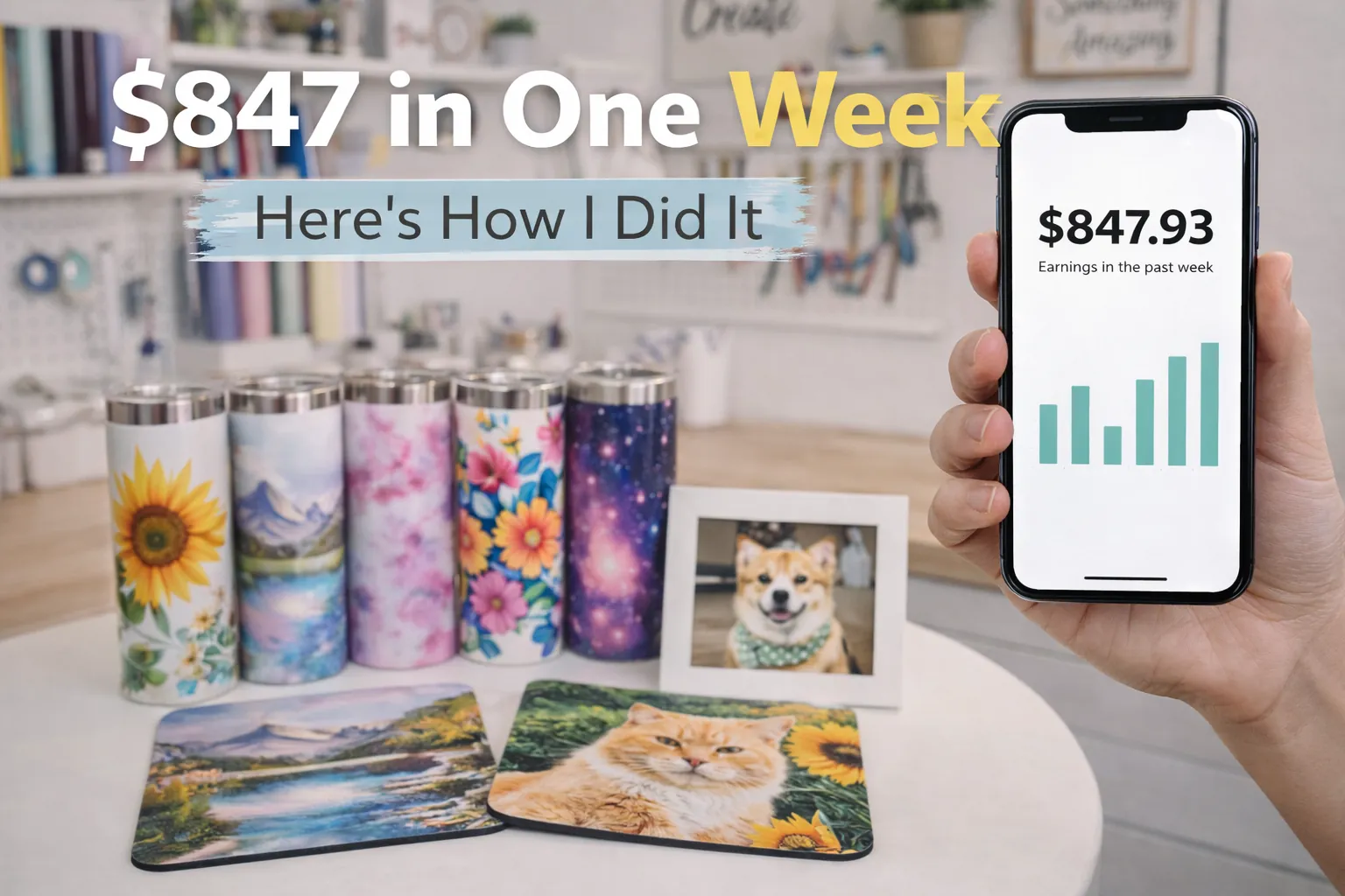 Creator showing earnings on phone with sublimation products displayed and bold income text overlay.