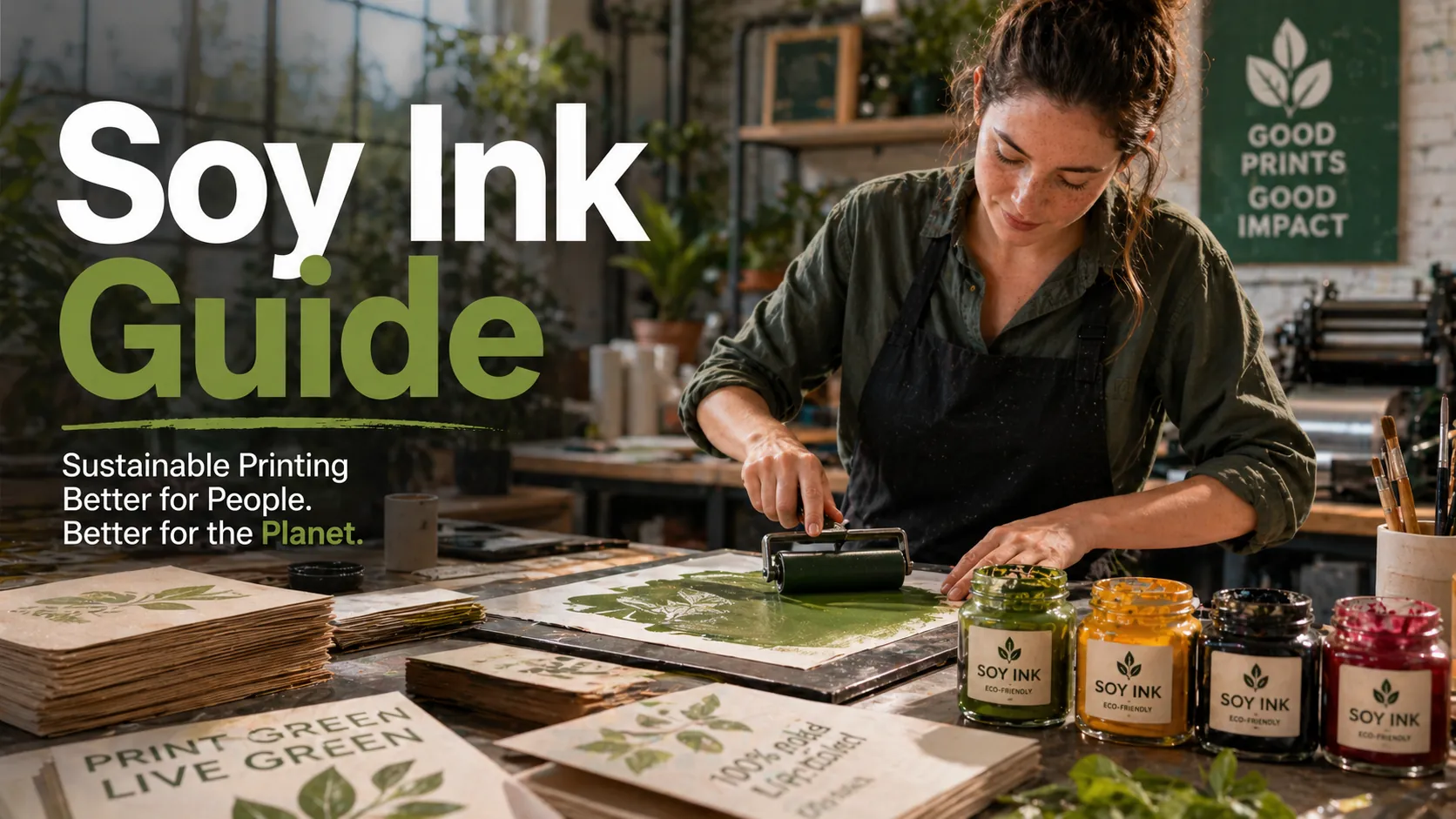 Designer using soy-based inks in eco-friendly print studio with paper prints.