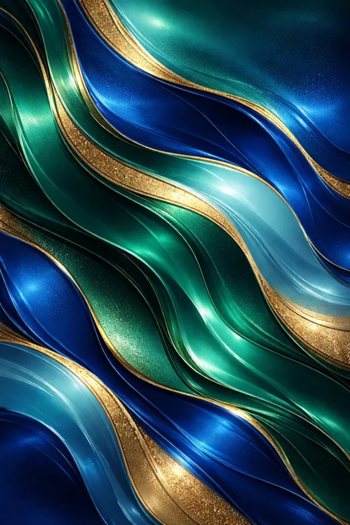 Luxury abstract sublimation design with flowing shapes in emerald, sapphire, and gold tones.