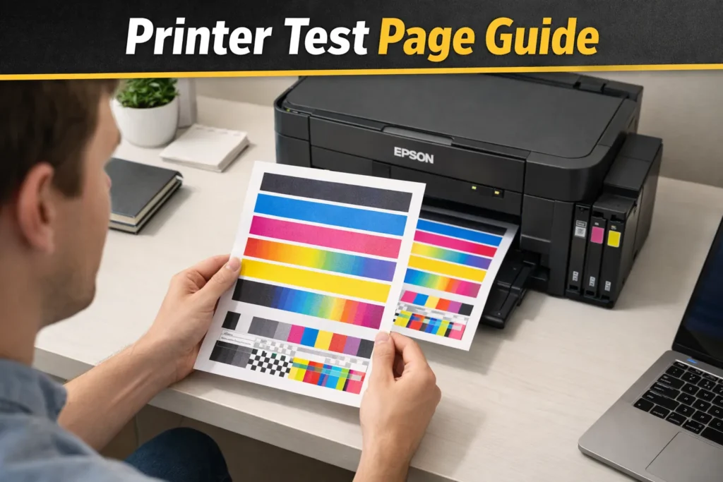 Person reviewing a colorful printer test page beside a home printer with visible CMYK blocks and alignment patterns