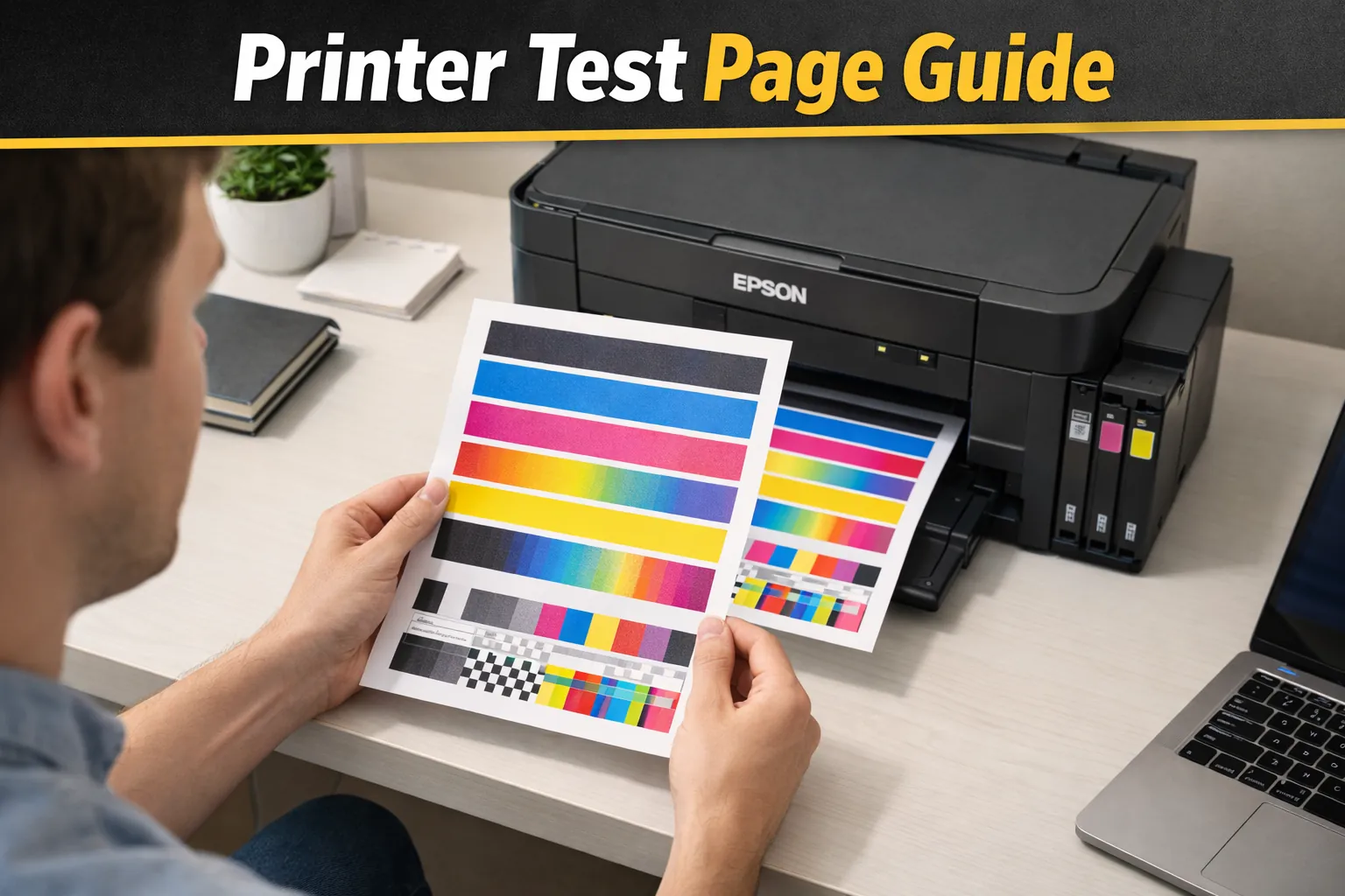 Person reviewing a colorful printer test page beside a home printer with visible CMYK blocks and alignment patterns