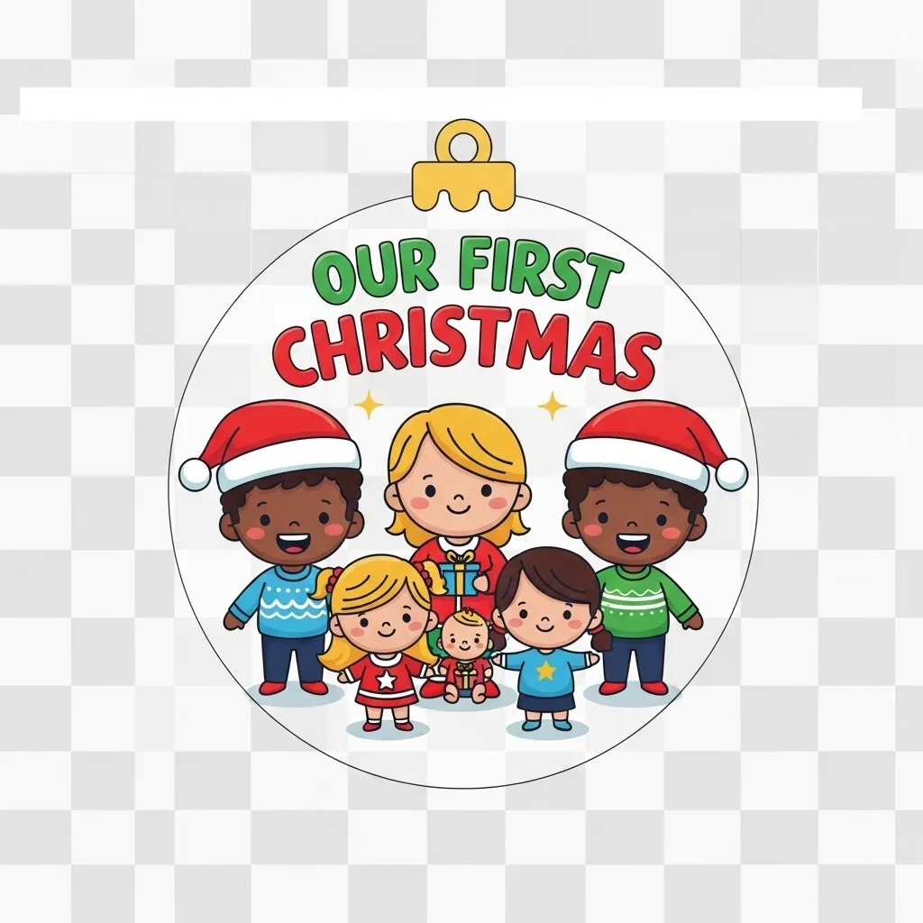 Cute family Christmas ornament design with playful illustration and bright colors