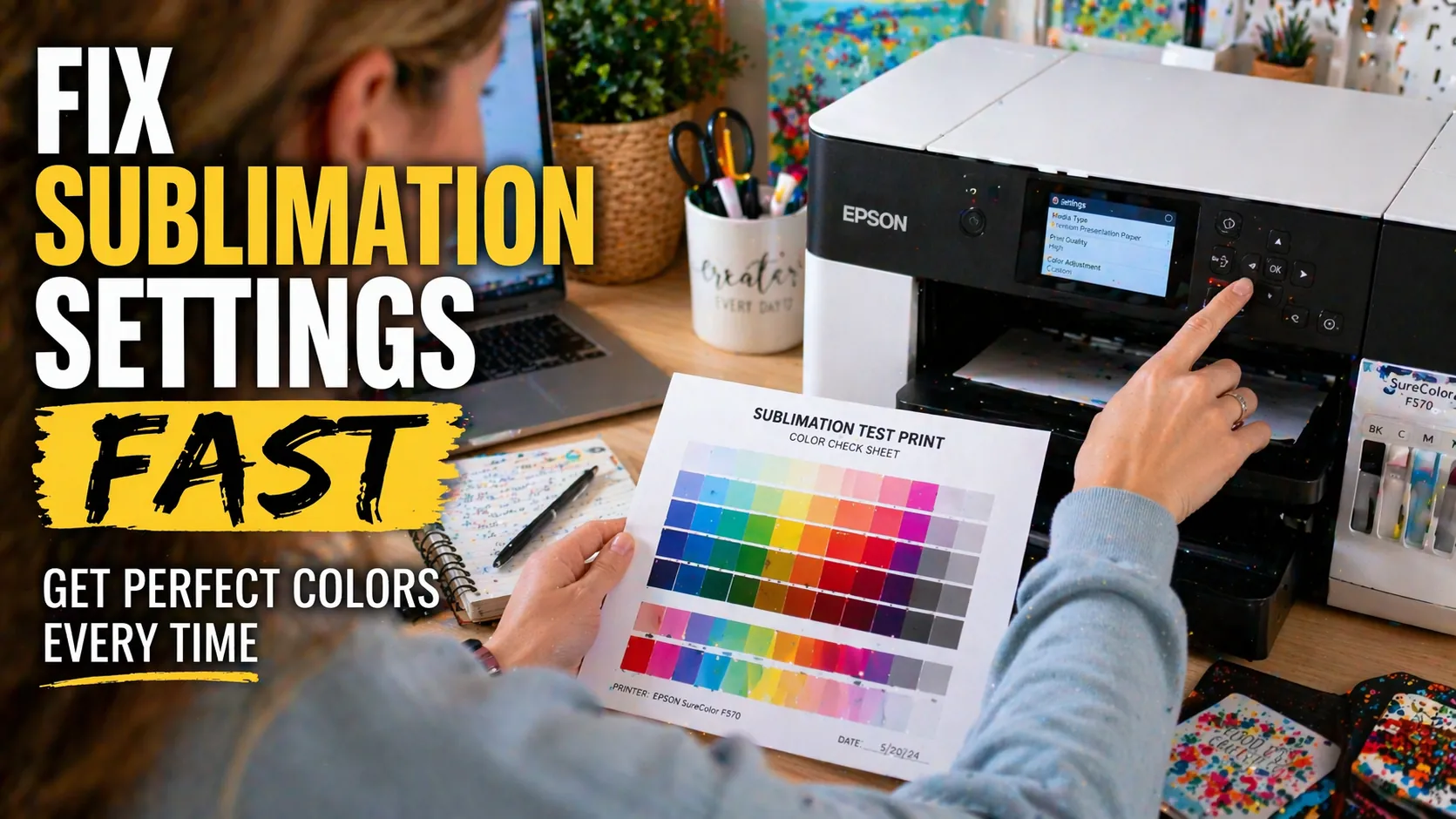 Person adjusting sublimation printer settings on a computer while reviewing a vibrant test print sheet.