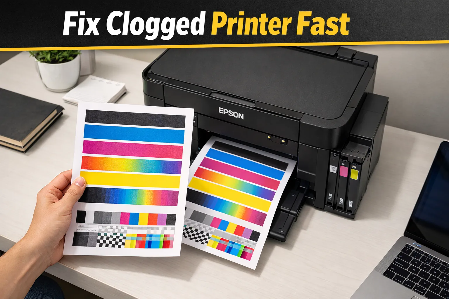 Person holding a printed CMYK purge sheet next to a sublimation printer showing strong color blocks.