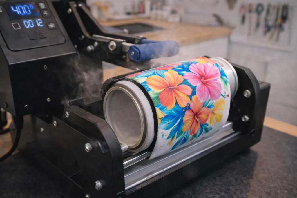 Heat press machine applying sublimation design onto can cooler in workspace