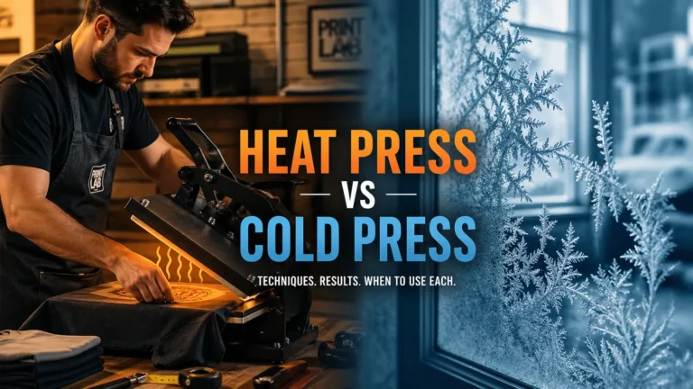 Person using heat press with split view of frost forming on glass