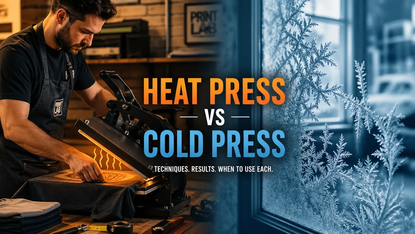 Person using heat press with split view of frost forming on glass