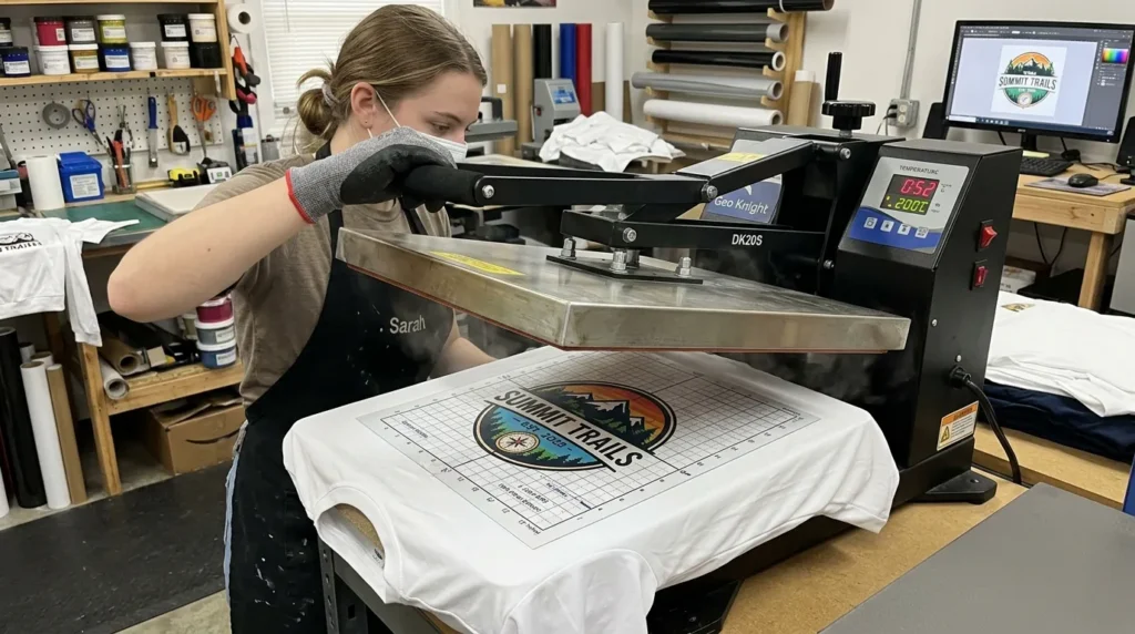 A heat press machine applying a sublimation design onto a polyester shirt with visible layered design alignment.