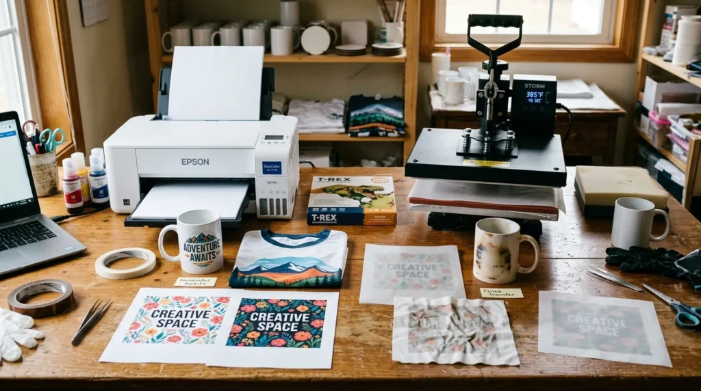 A small home sublimation setup with a heat press, printer, and several test prints showing both successful and failed results.