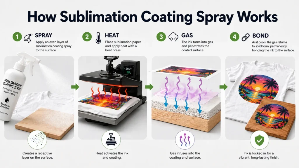 Infographic showing steps of sublimation spray coating and heat bonding process
