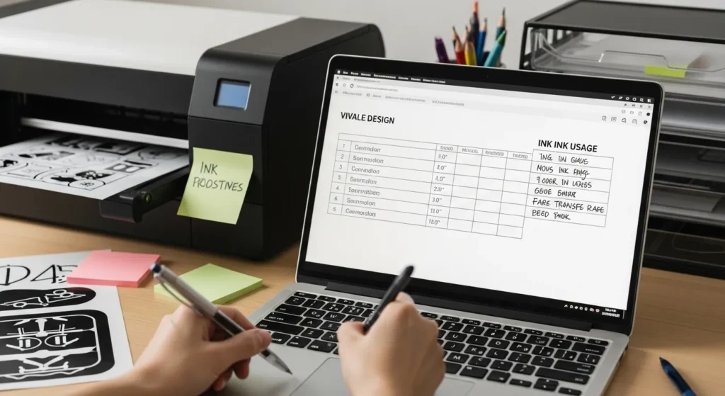 Laptop showing sublimation design with dimensions and notes beside printer workspace