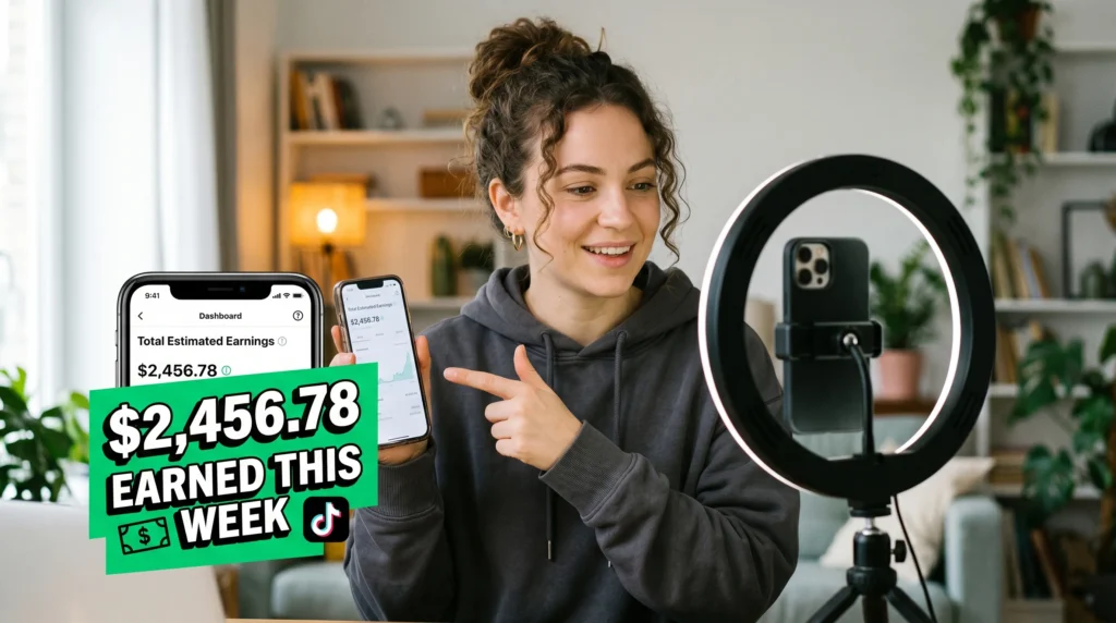 A creator recording a TikTok video showing earnings on a phone screen with bold dollar amount overlay.