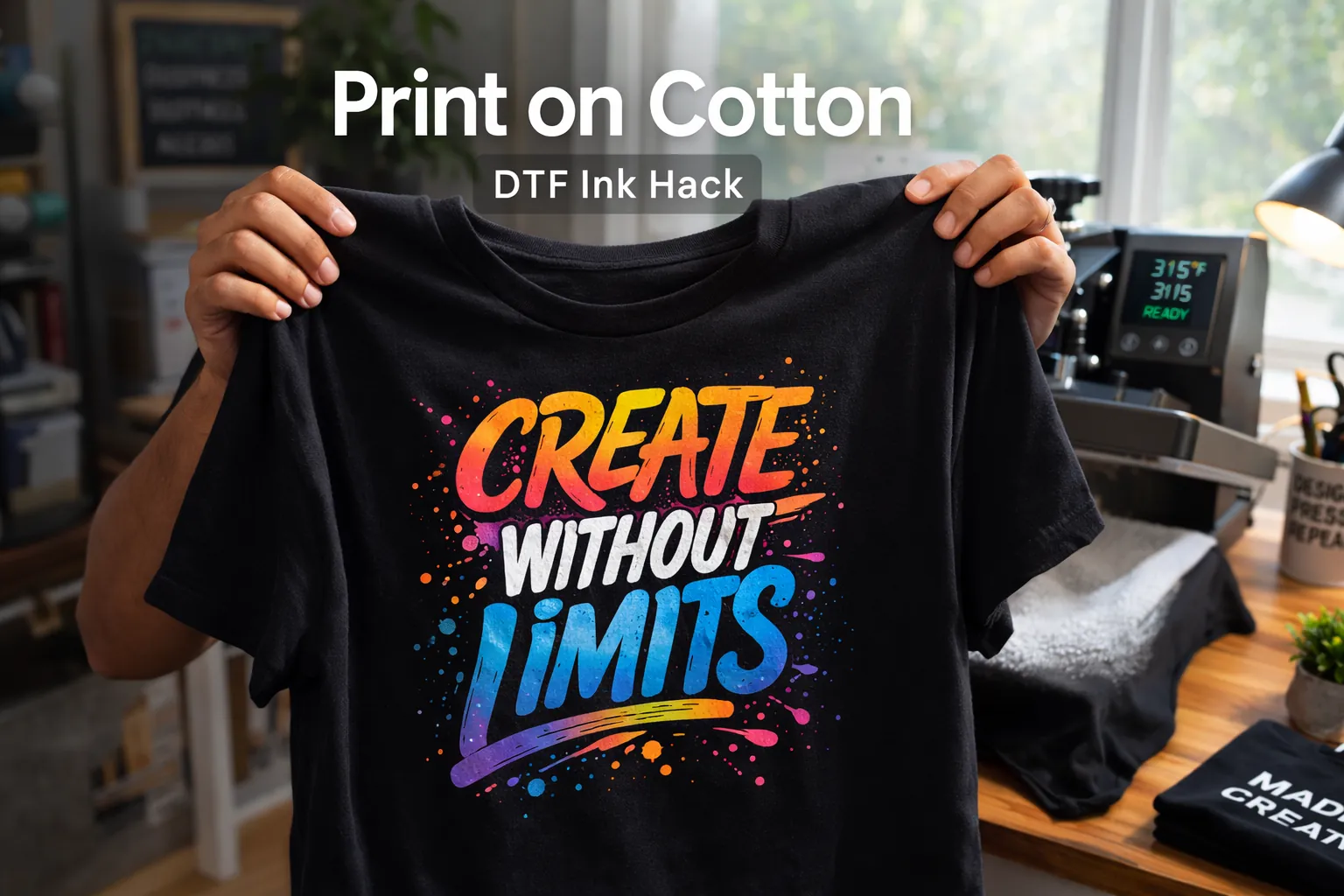 Person holding a cotton shirt with vibrant design made using DTF film and sublimation ink in a home workspace