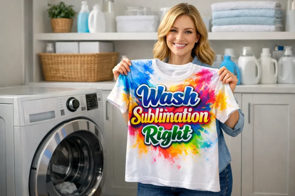 A smiling face woman holding sublimation shirt in her hand.