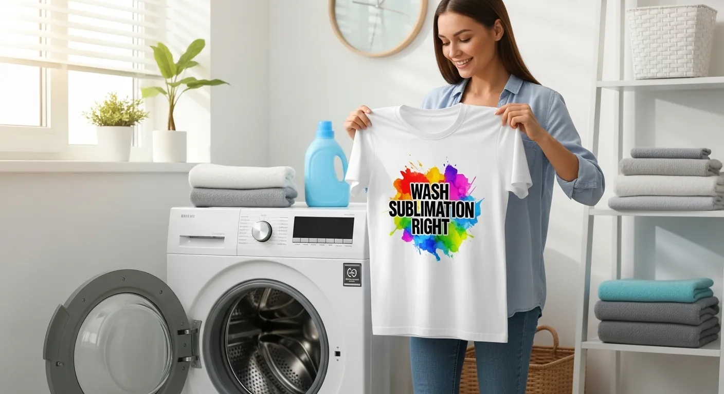 Woman holding a colorful sublimation shirt near a washing machine with bold washing guide text overlay.