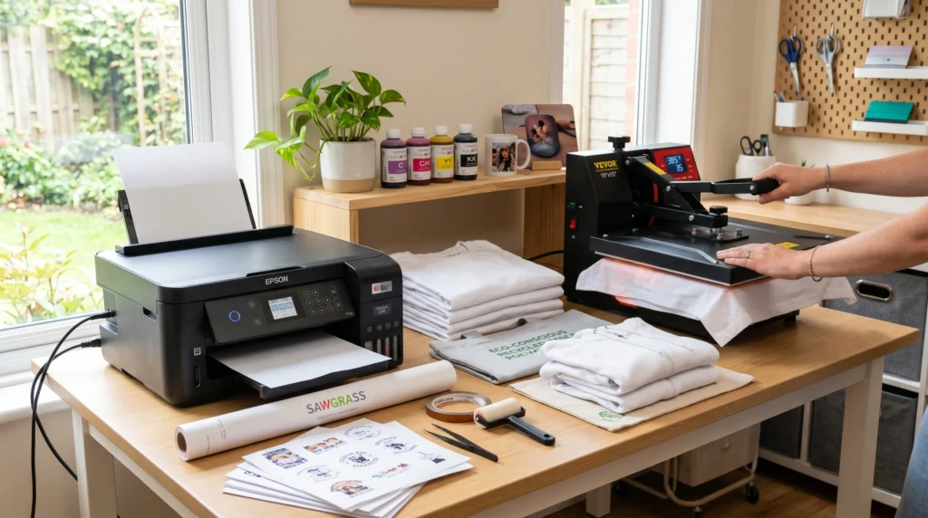 Person using sublimation printer and heat press in an eco friendly workspace with recycled materials and tutorial text overlay