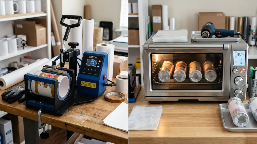 Side-by-side setup showing a mug press on one side and a convection oven with shrink-wrapped tumblers on the other.