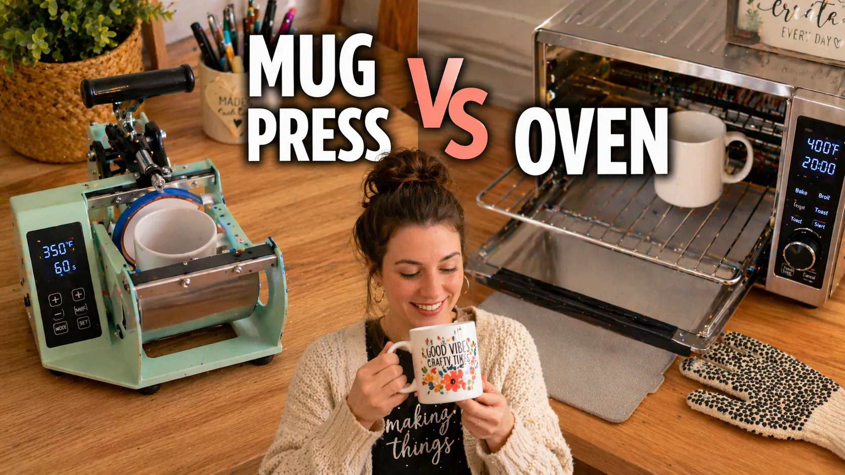 Side-by-side mug press and convection oven setup with printed sublimation mugs and bold comparison title overlay.