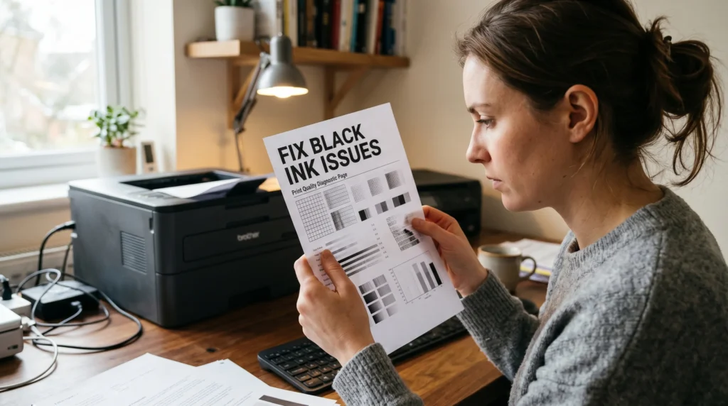 Person holding a black and white printer test page with grayscale bars and sharp text near a home printer