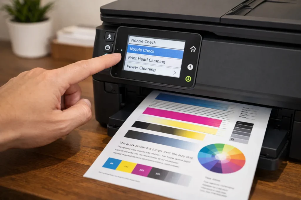 Close-up of printer control panel printing test page without computer
