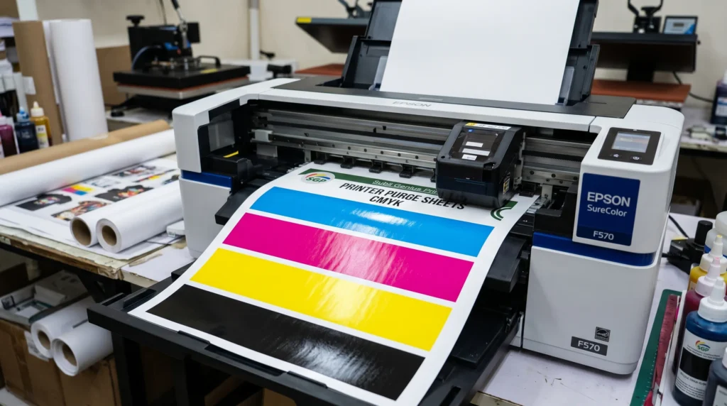 A sublimation printer printing a full CMYK purge sheet with bold color blocks and visible ink coverage.