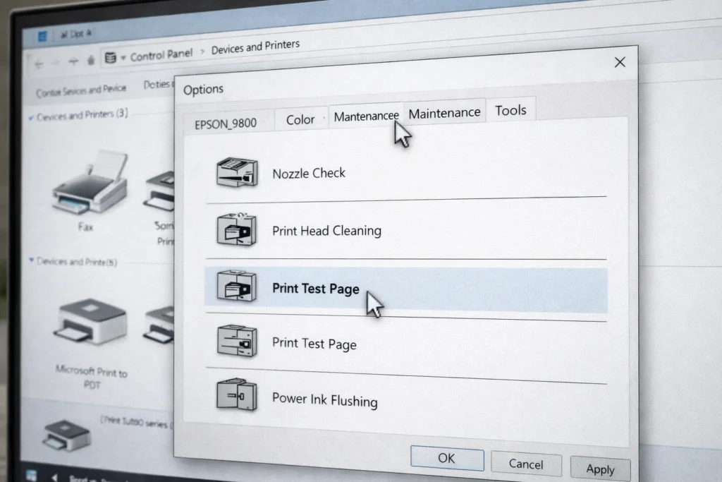 Close-up of Windows printer settings showing black and white test page option