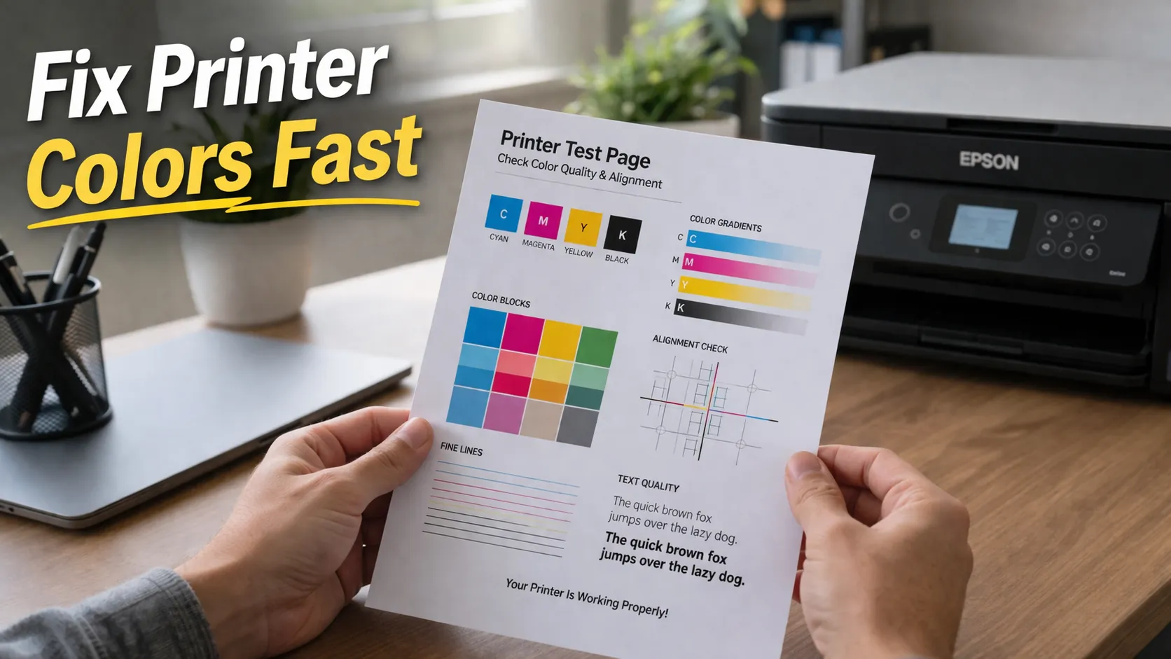 Close-up of a person holding a color printer test page with visible CMYK gradients and color blocks near a home printer