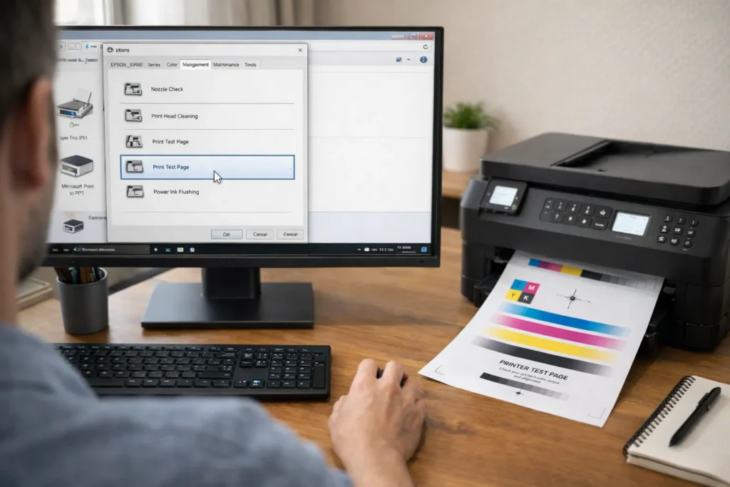 User printing a color test page from printer settings on computer