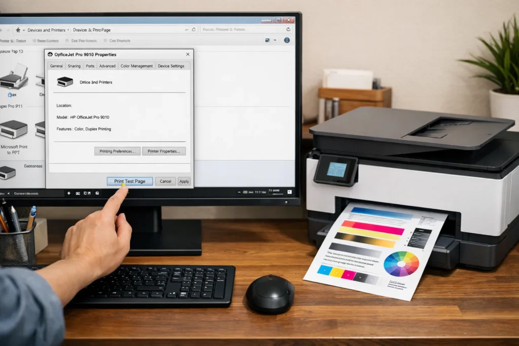 User printing test page from Windows computer in a clean desk setup