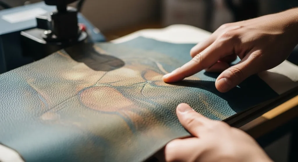 Faded sublimation print on real leather showing uneven and patchy ink results