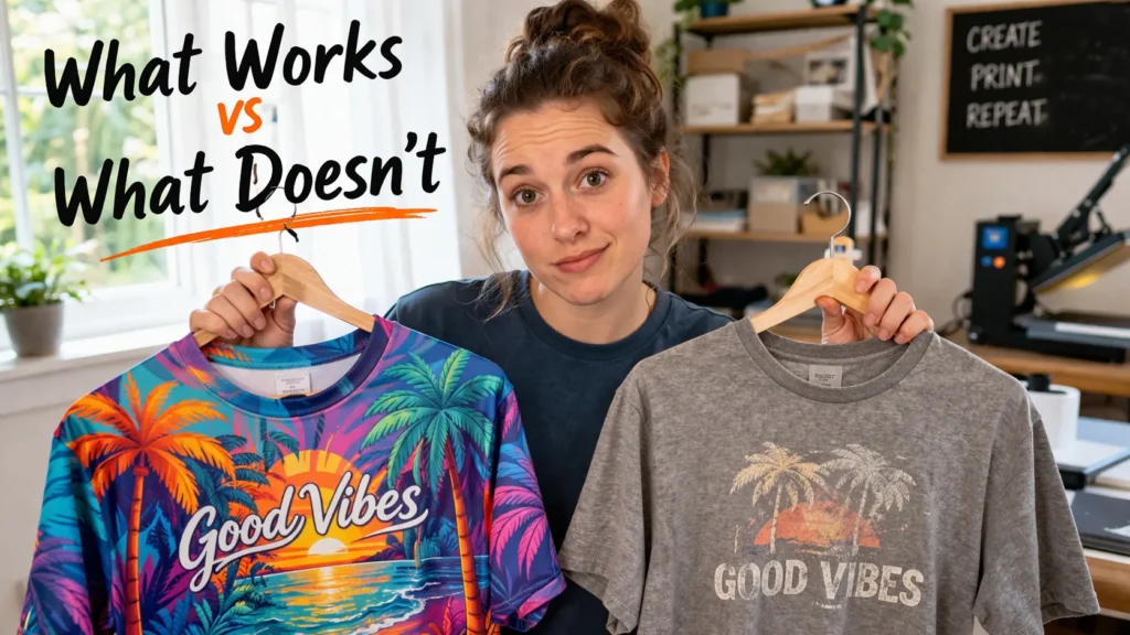 A woman comparing vibrant polyester sublimation print with faded cotton print in a home workspace.