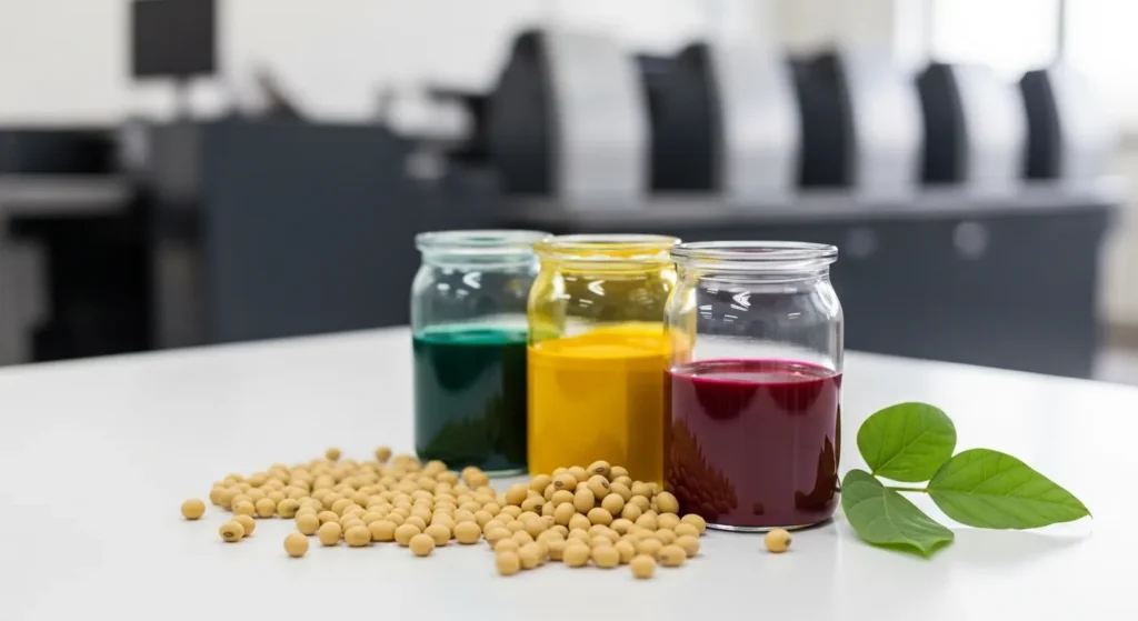 Soy-based ink containers with soybeans and printing press in background.