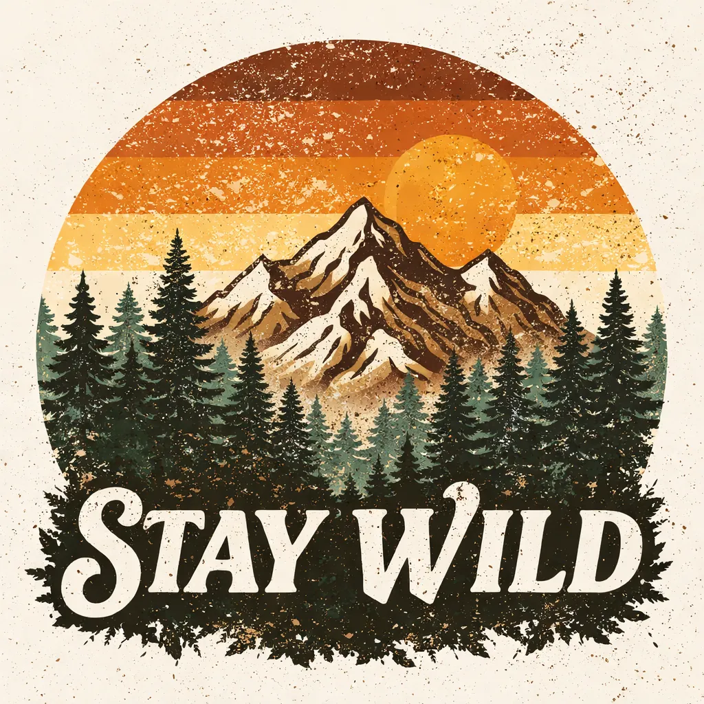 Vintage mountain sublimation design with pine trees, sunset colors, and “Stay Wild” text in rustic style.