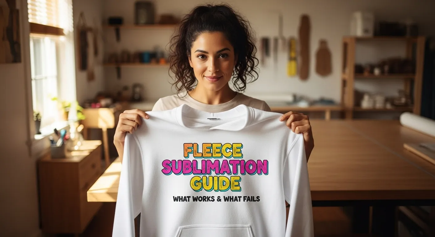 Heat press applying sublimation design on light fleece hoodie with visible texture