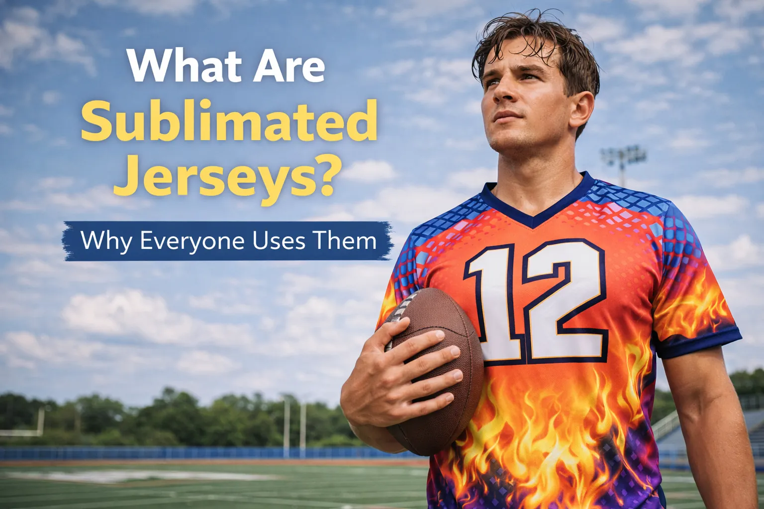 Athlete wearing a colorful sublimated sports jersey with bold text explaining sublimated jerseys.