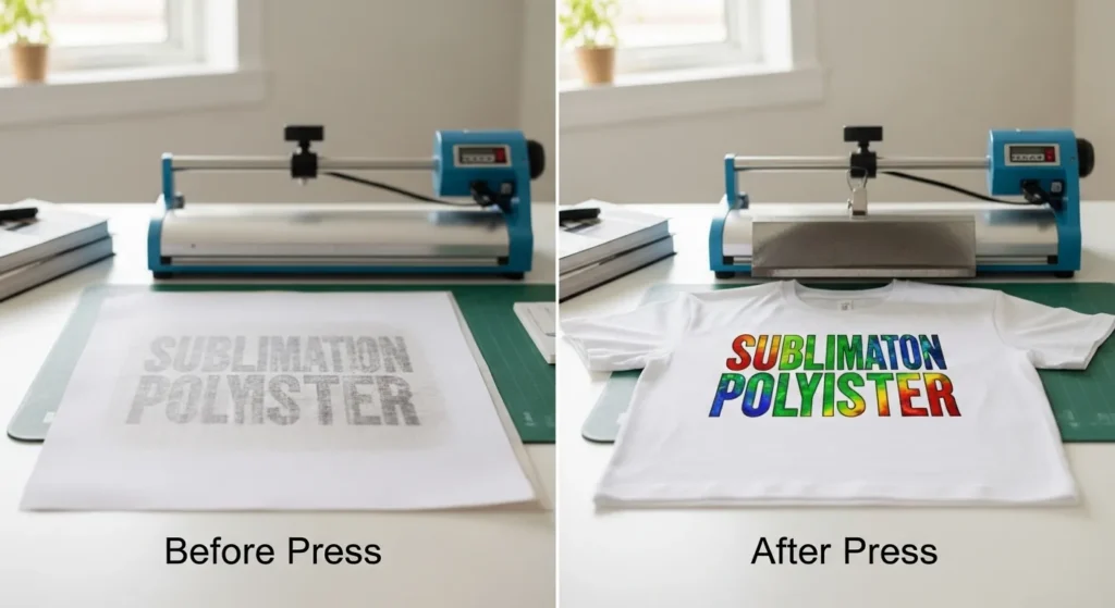 Side-by-side sublimation comparison showing dull paper print and vibrant pressed shirt design