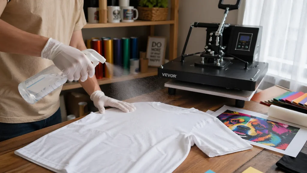 Person applying sublimation coating spray to cotton T-shirt in home workspace