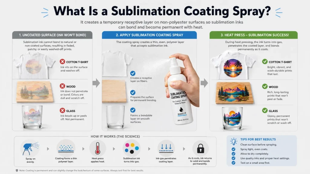 Infographic showing how sublimation coating spray helps ink bond to surfaces