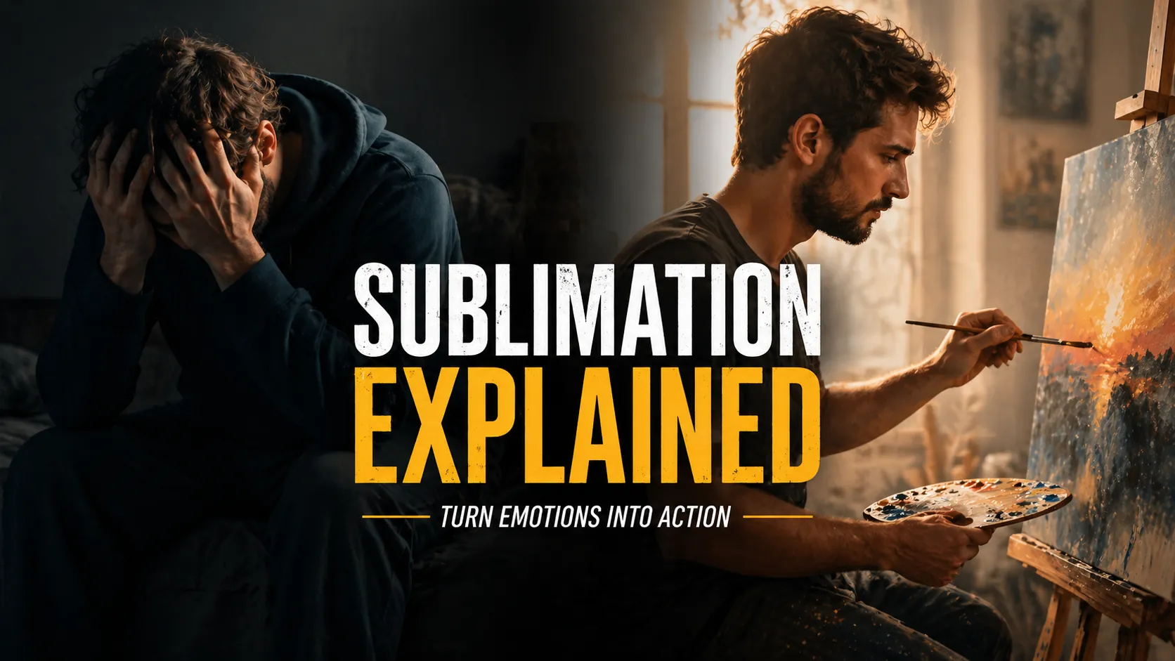 Split image showing stressed person transforming into active positive behavior
