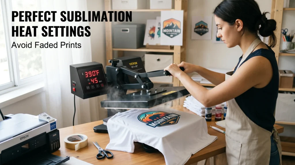 Person using heat press with temperature display in bright workspace for sublimation